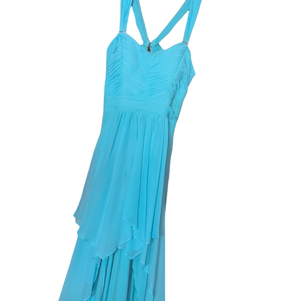 Teal high-low Hailey Logan formal dress.